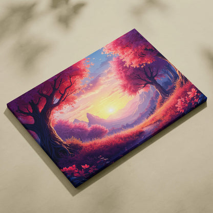 Vibrant crimson trees frame golden sunrise visionary landscape canvas art
