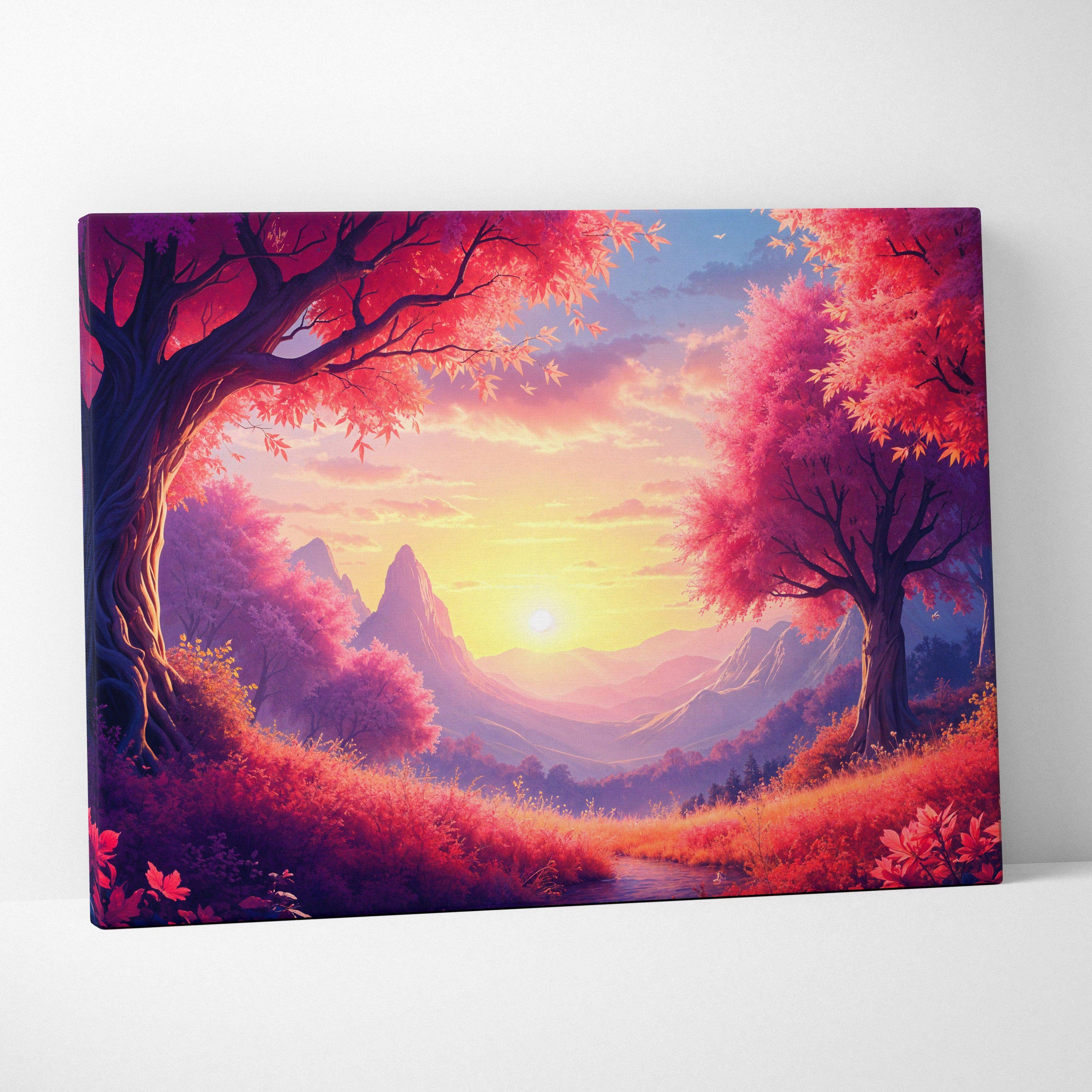 Vibrant crimson trees framing golden sunrise visionary landscape canvas art