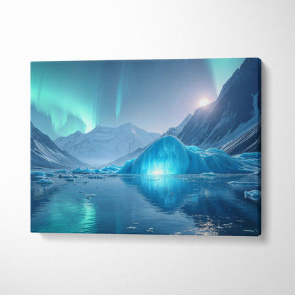 Aurora Borealis over frozen fjord with moonlit blue iceberg canvas art
