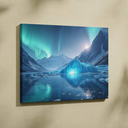 Aurora borealis over frozen fjord with moonlit blue iceberg canvas art