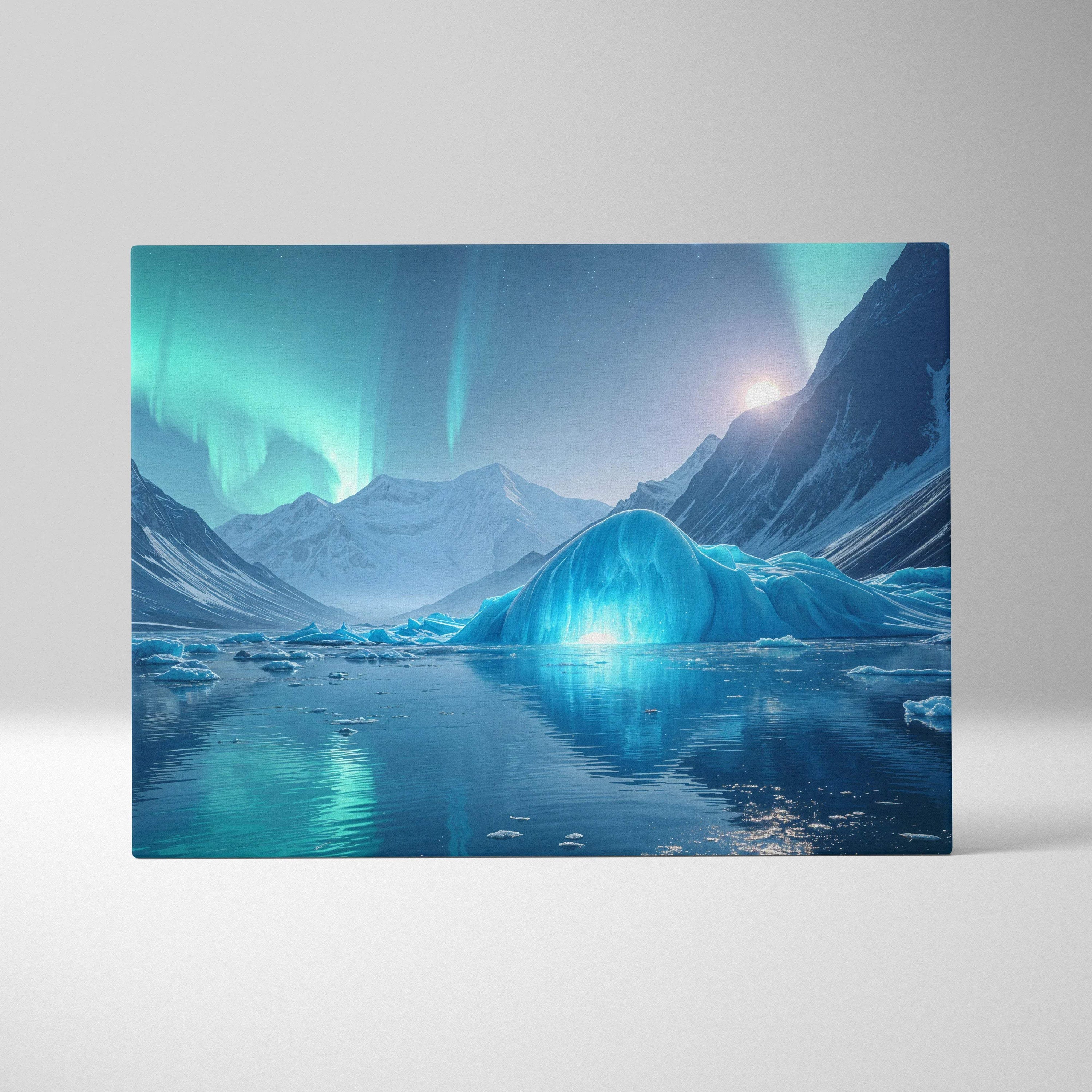 Aurora borealis over frozen fjord with moonlit blue iceberg canvas print
