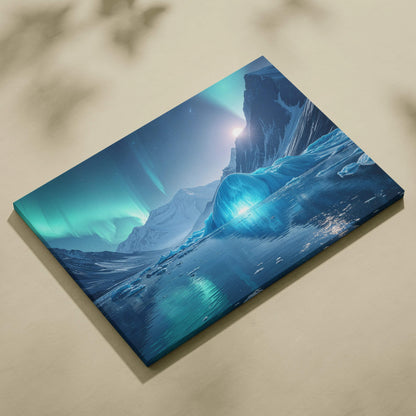 Blue teal aurora borealis over frozen fjord with moonlit iceberg canvas print