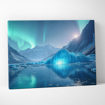 Serene Aurora Borealis over frozen fjord with moonlit blue iceberg canvas art