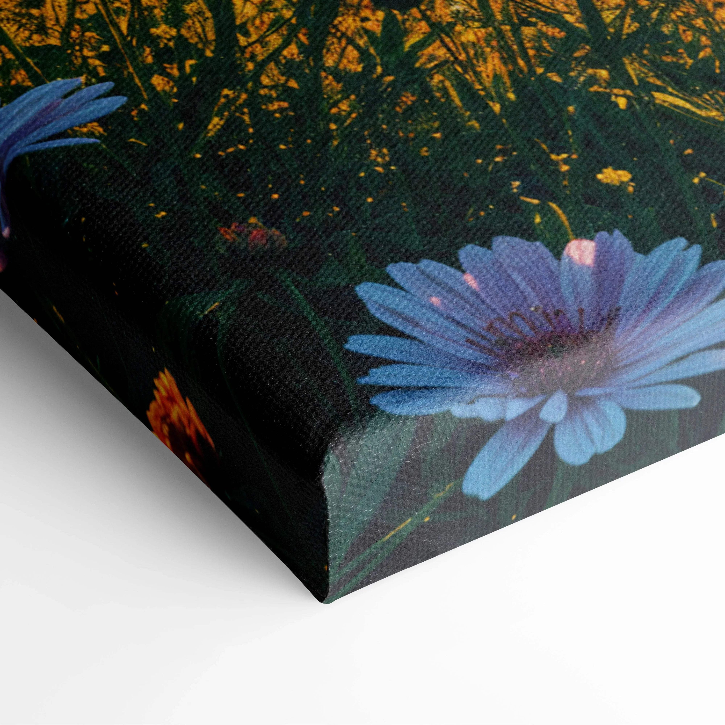 Vibrant blue flower on textured canvas in Sunbeams Crown visionary landscape