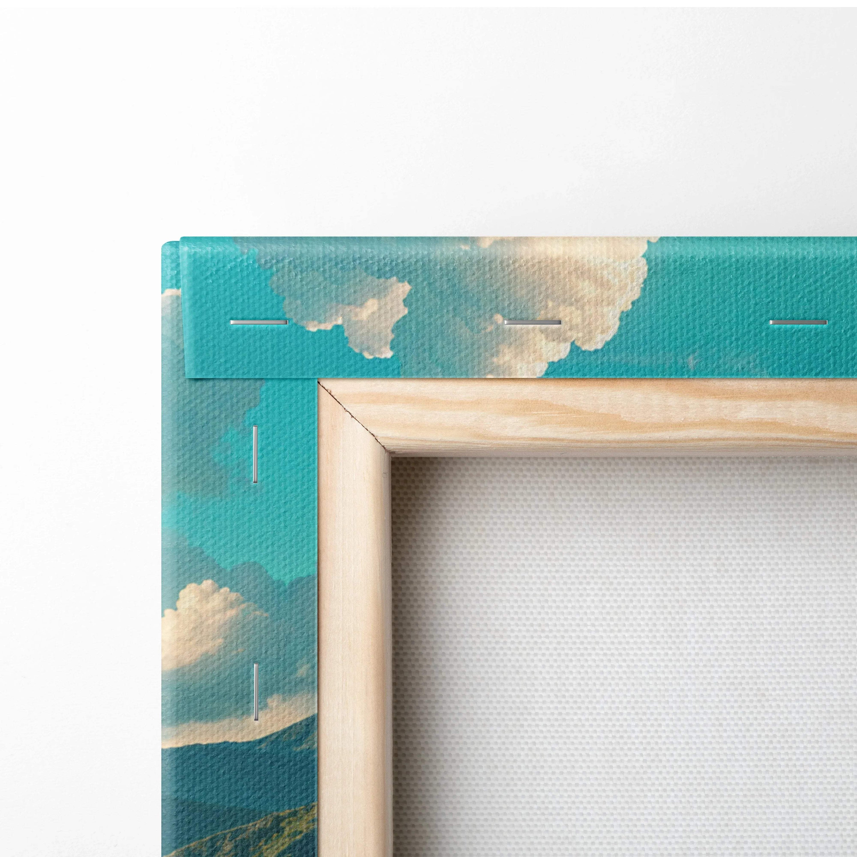 Teal canvas cloud mountain print in light wood frame