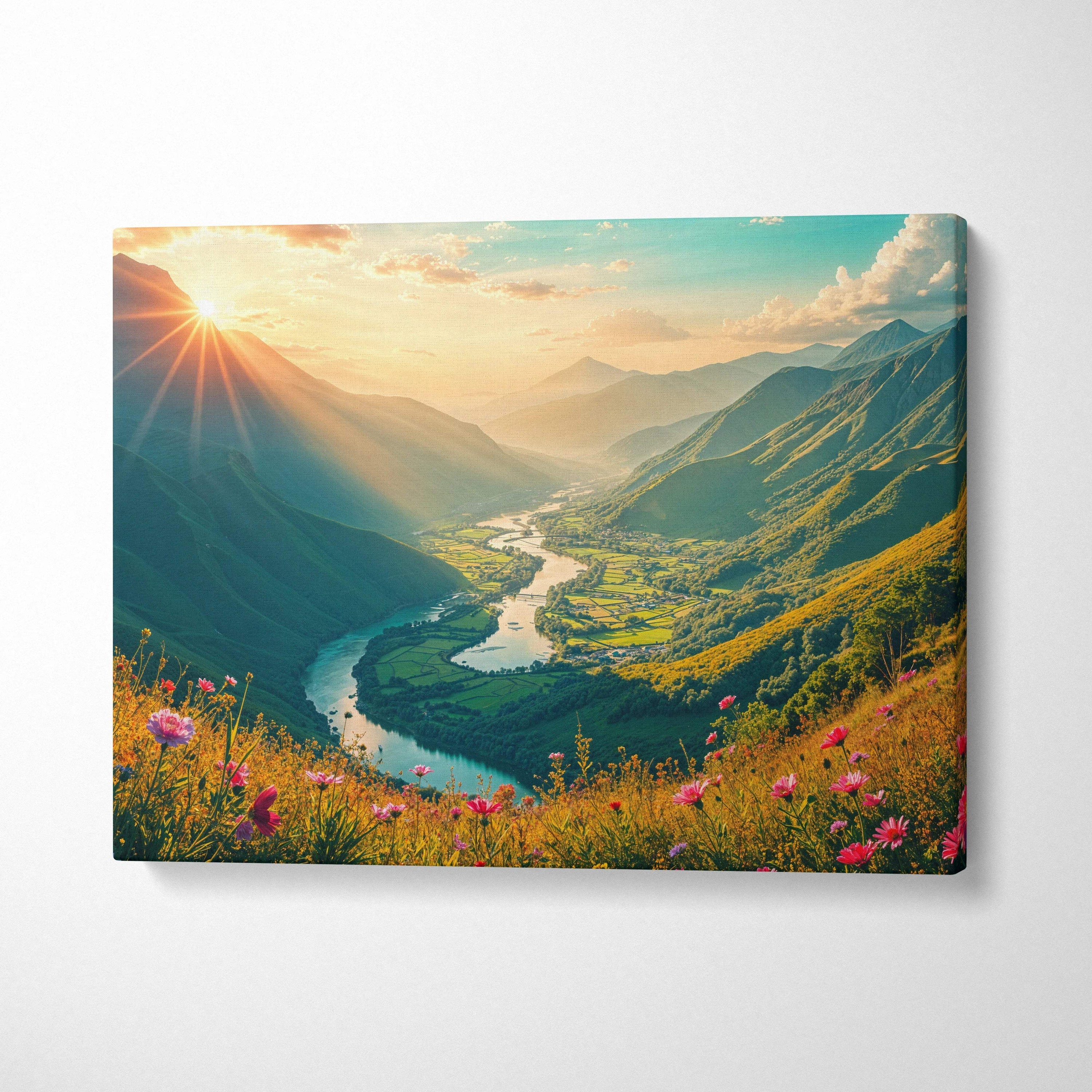 Vibrant canvas print of sunbeams crowning green peaks, silver river, pink wildflowers