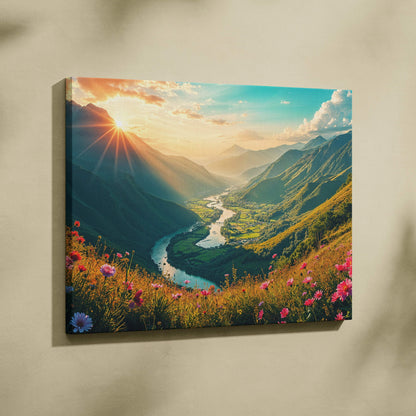 Sunlit mountain valley canvas print with silver river and wildflowers on wall
