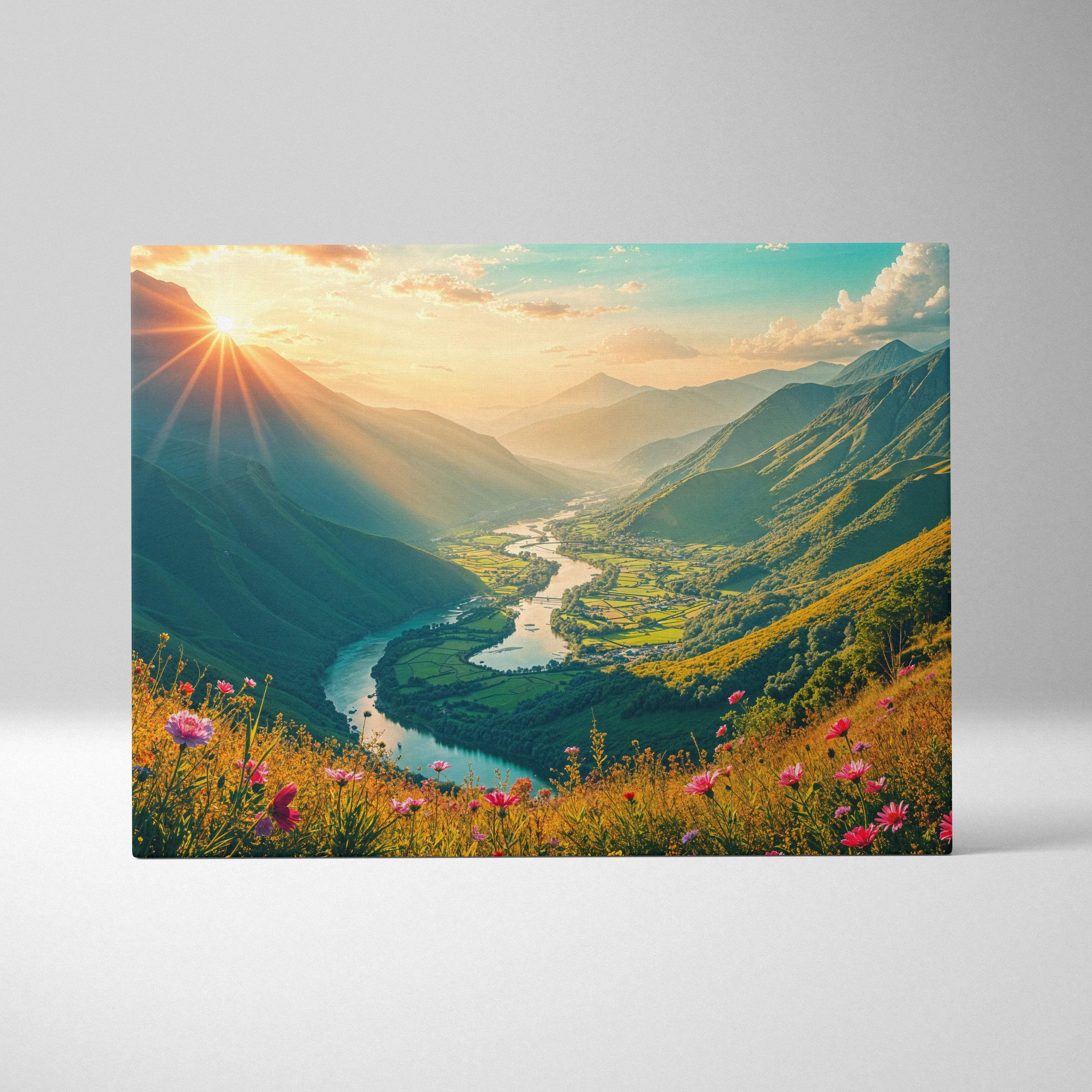 Sunlit valley canvas print with silver river, green peaks, pink purple wildflowers