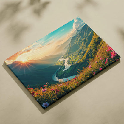 Sunbeams crown green peaks as silver river threads valley with wildflowers canvas print