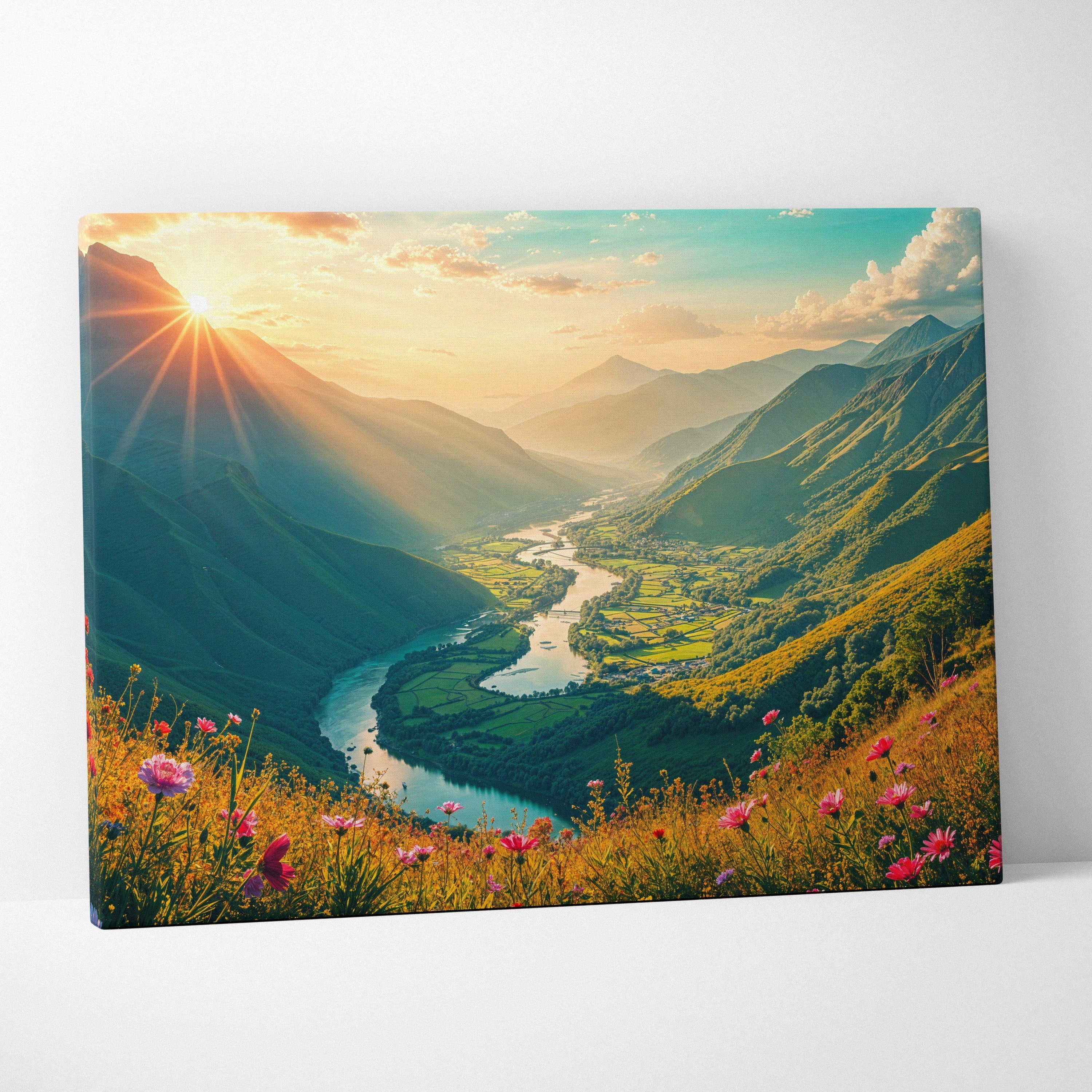 Sunlit mountain valley canvas print with silver river, pink wildflowers, green peaks