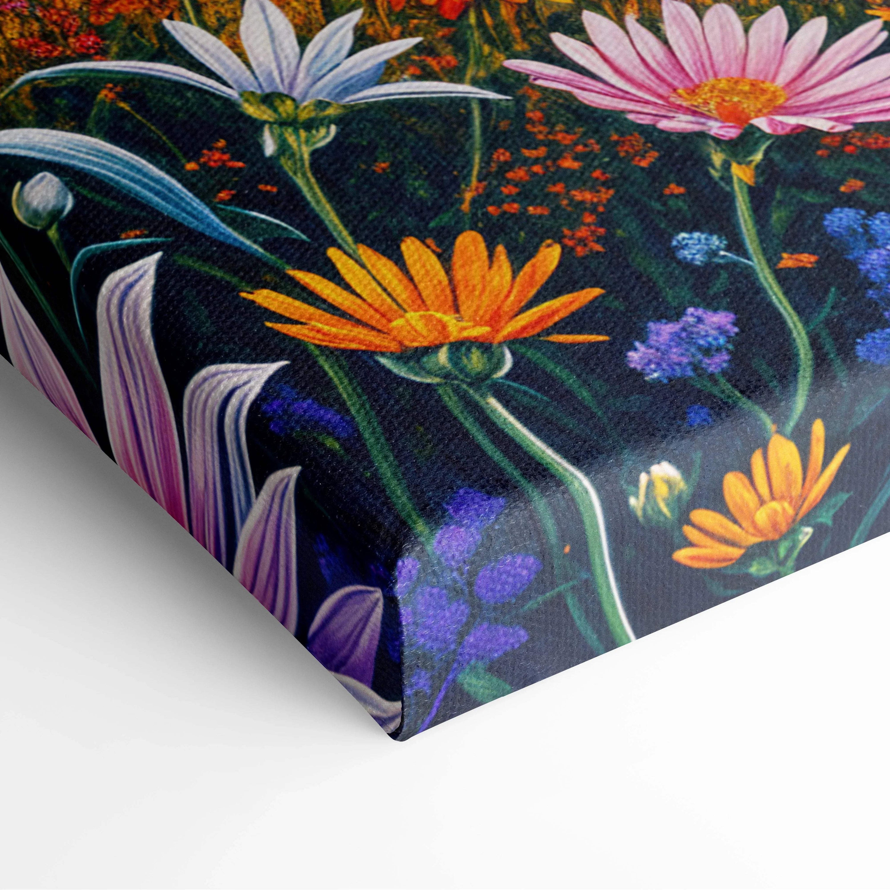 Vibrant orange pink purple blossoms on navy canvas wall art