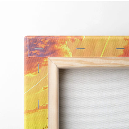 Wooden-framed Sunlit Golden Hills canvas print with vibrant sunset hues
