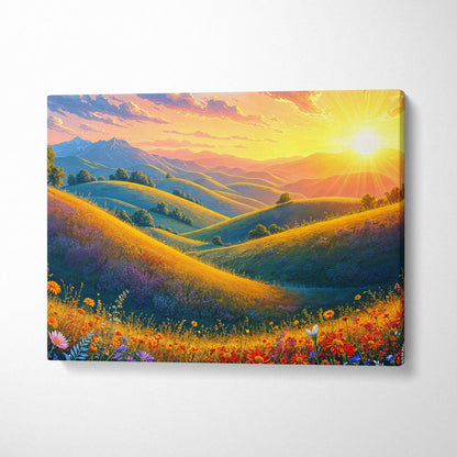 Sunlit golden hills whimsical canvas wall art with wildflowers and radiant sunset