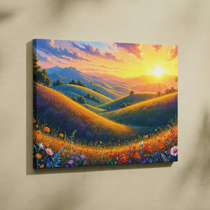 Sunlit golden hills canvas wall art with wildflowers and radiant sunset