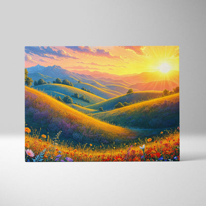 Sunlit golden hills whimsical canvas wall art with wildflowers and sunset palette