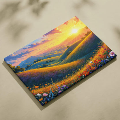 Sunlit golden hills canvas art with whimsical wildflowers and warm sunrise palette