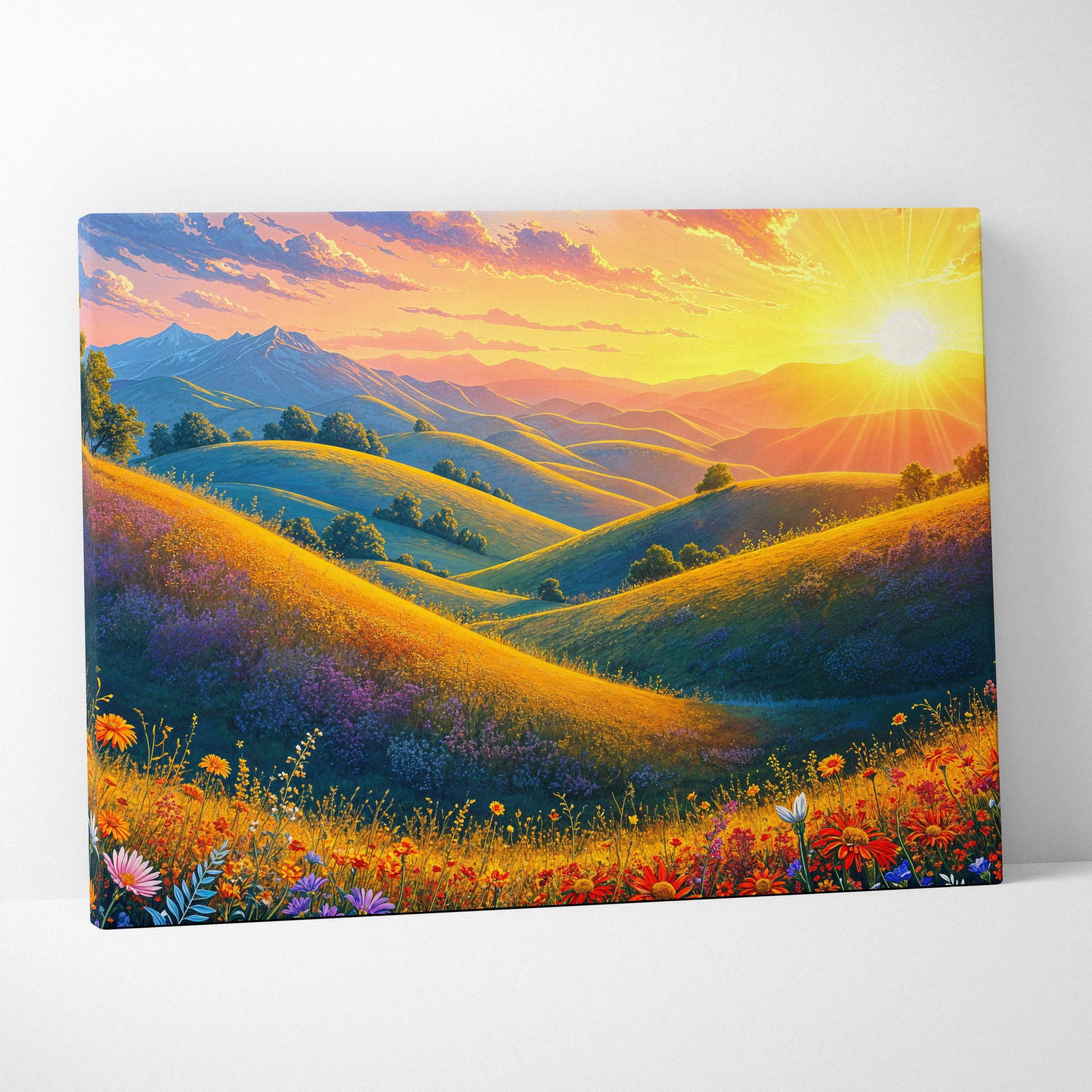 Sunlit golden hills whimsical canvas wall art with wildflowers and radiant sunset