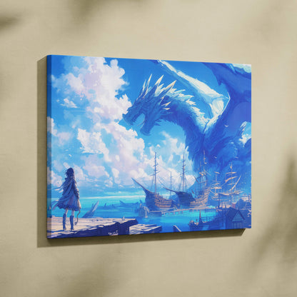 Ice blue dragon soars over historic ships as lone figure watches frozen sea canvas print