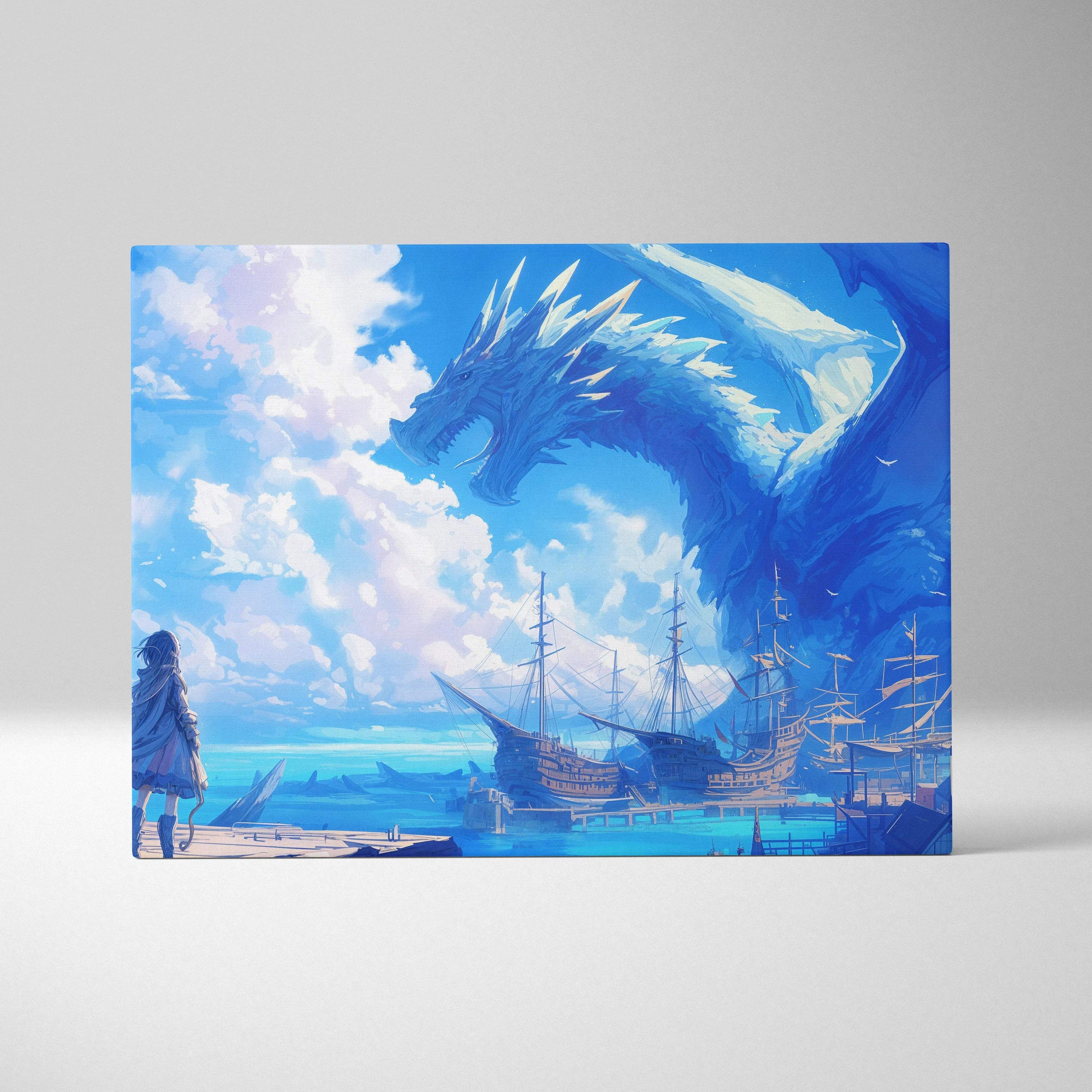 Ice blue dragon soars over historic ships as lone figure watches frozen sea canvas art