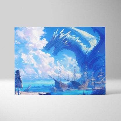 Ice blue dragon soars over historic ships as lone figure watches frozen sea canvas art