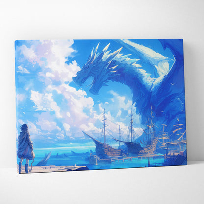Ice blue dragon soars over historic ships as lone figure watches frozen sea canvas art