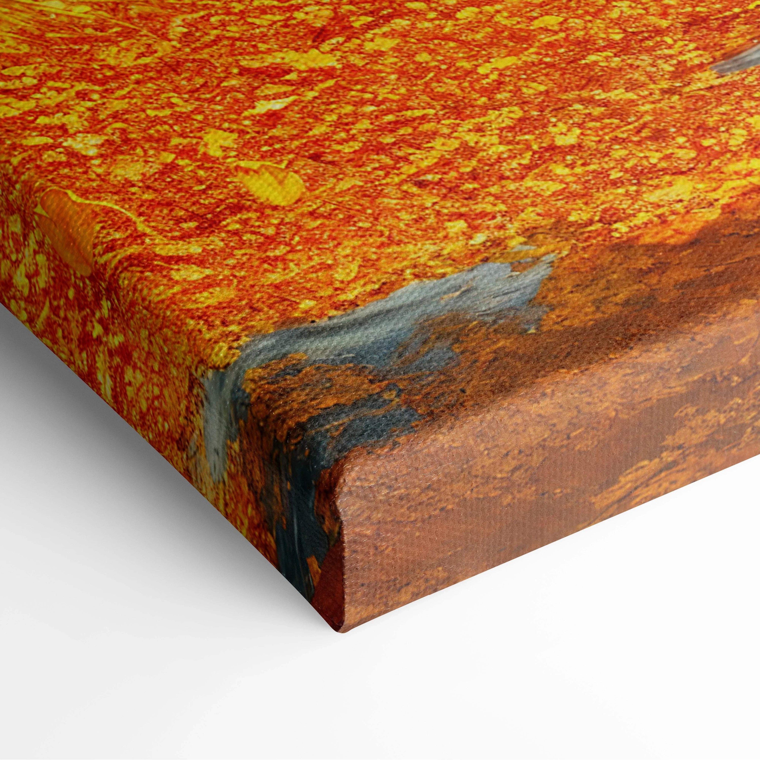 Golden Autumn Path canvas print with textured orange hues and cabin views