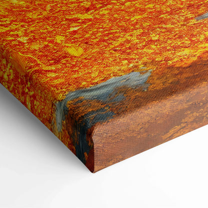 Golden Autumn Path canvas print with textured orange hues and cabin views