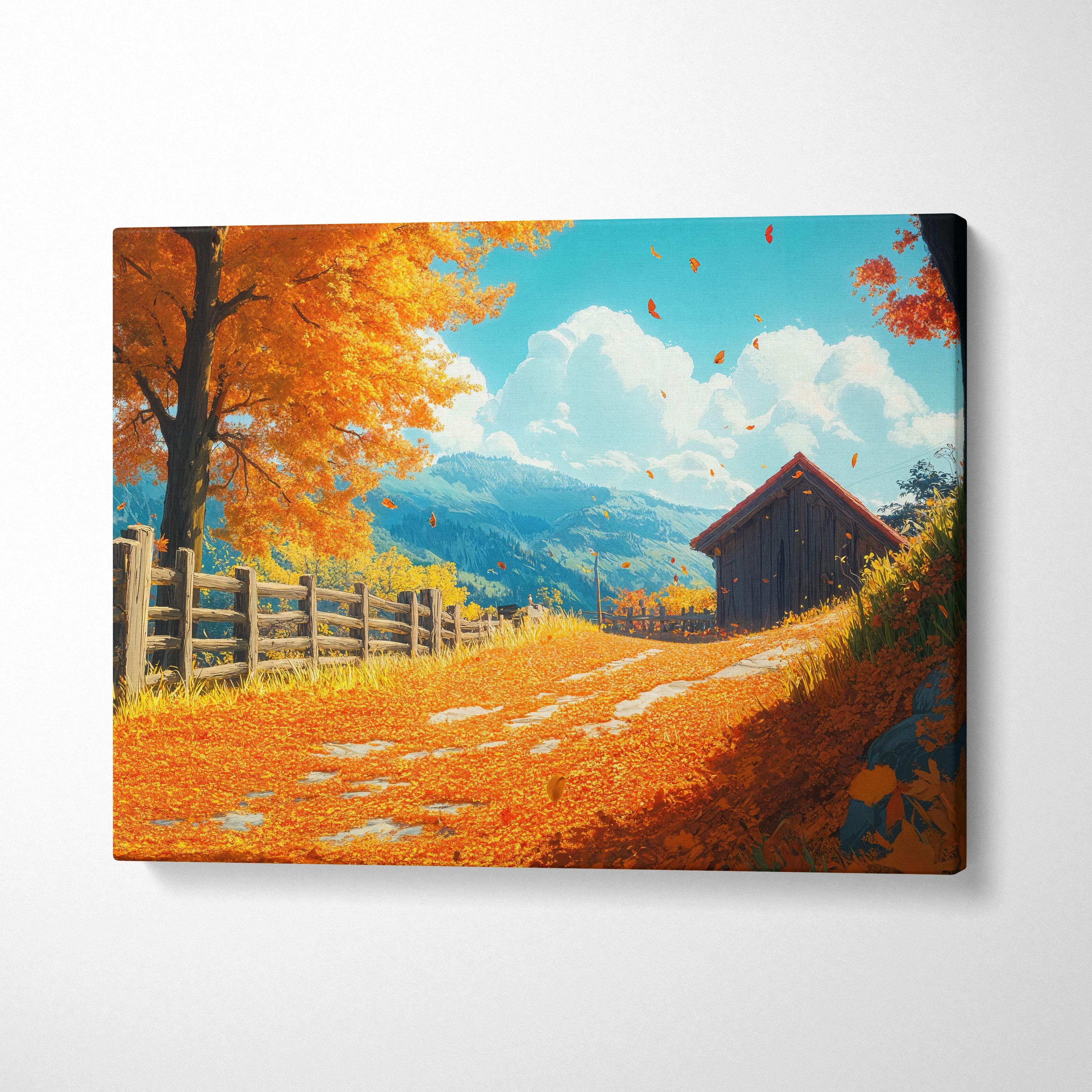 Golden autumn path to quiet cabin canvas print with orange trees barn fence
