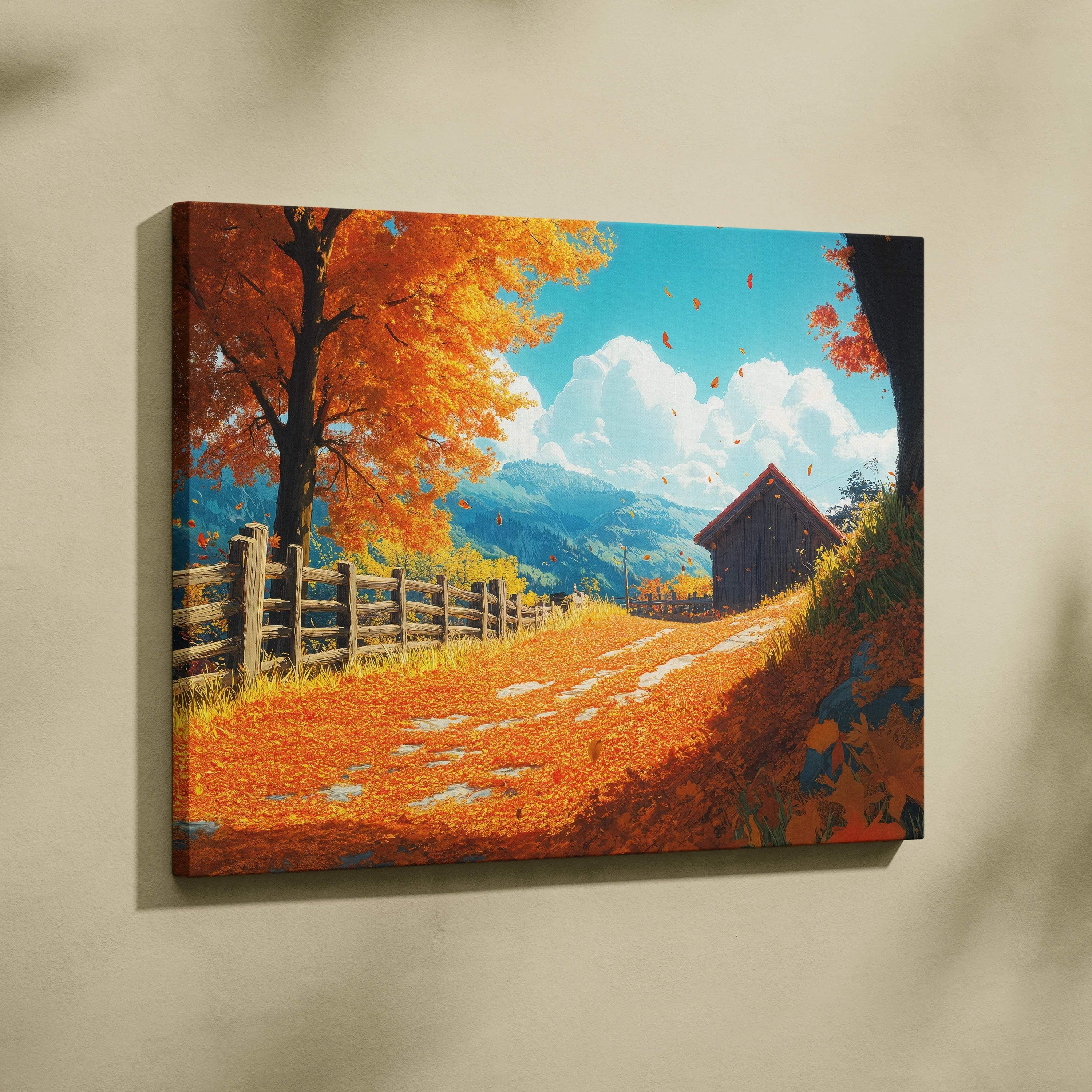 Golden Autumn Path canvas with cabin, falling leaves, mountains