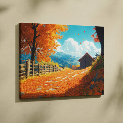 Golden Autumn Path canvas with cabin, falling leaves, mountains