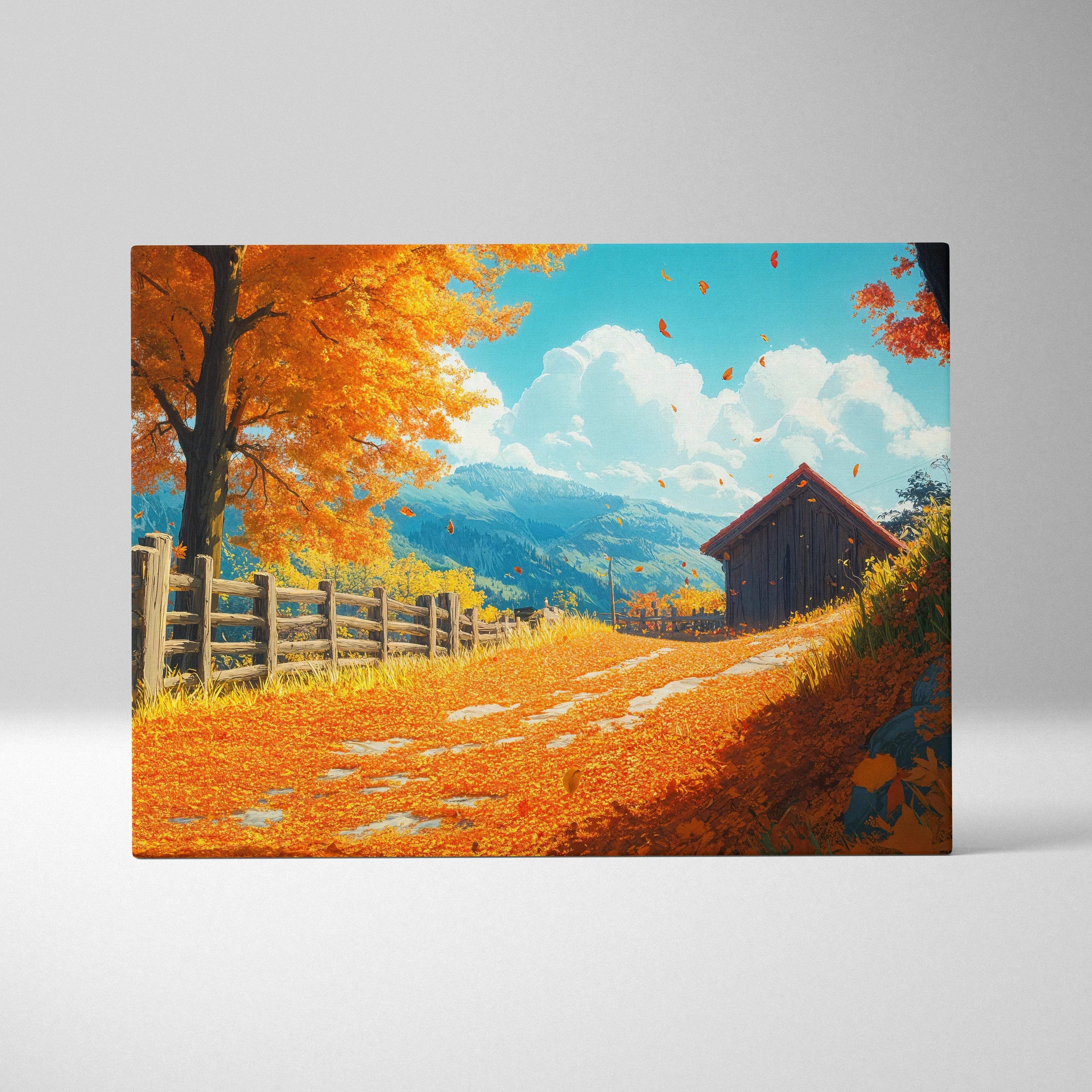 Golden Autumn Path canvas print with rustic fence, orange trees, barn, leaves, mountains