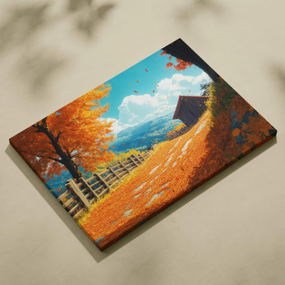 Golden Autumn Path canvas art with cabin, mountains, falling leaves, orange trees, fence