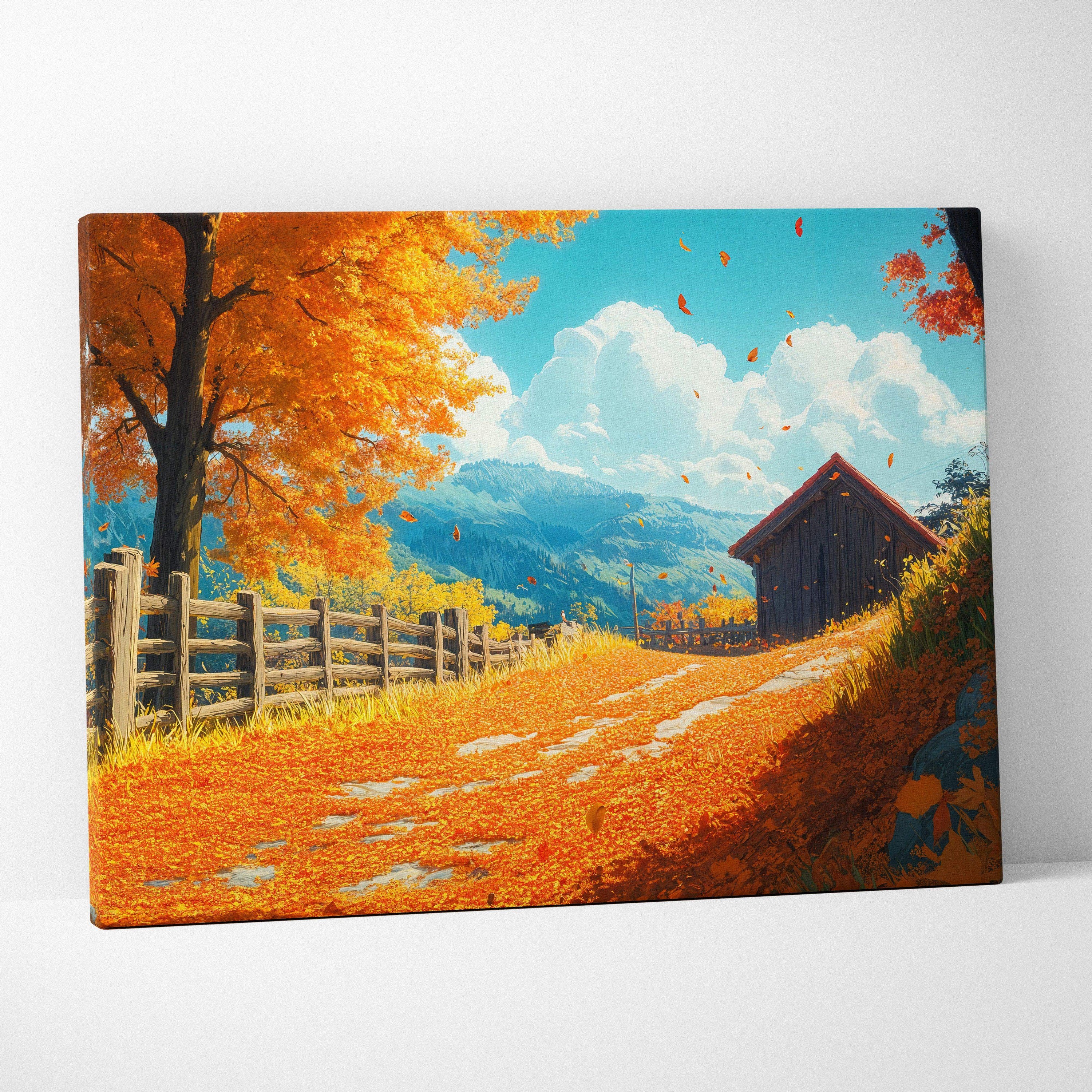 Golden autumn path to quiet cabin with falling leaves, fence, barn, mountains