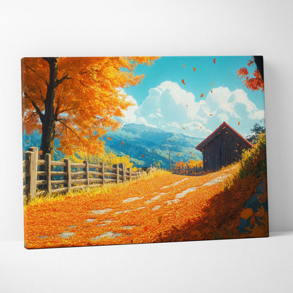 Golden autumn path to quiet cabin with falling leaves, fence, barn, mountains
