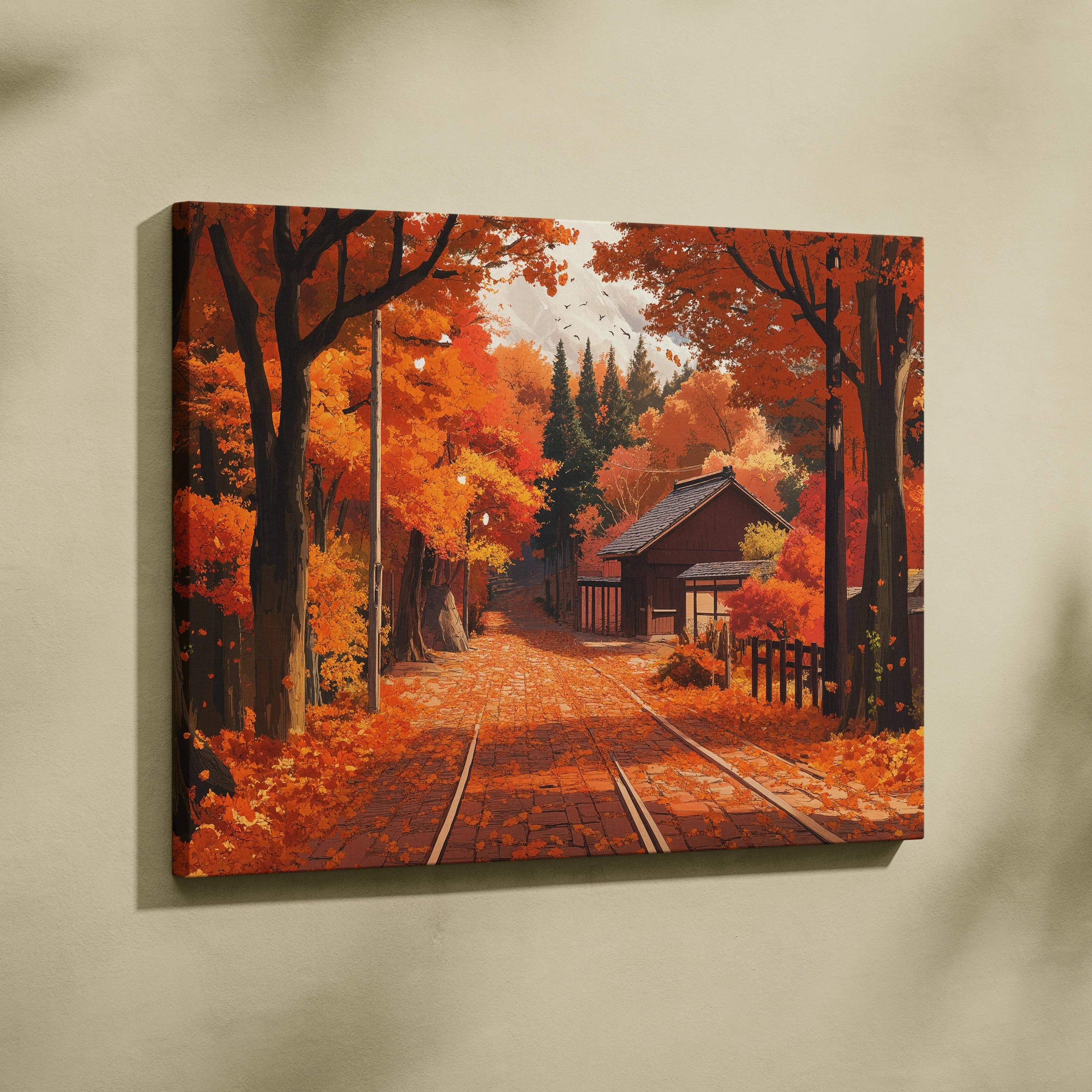 Dreamlike Autumn Lane canvas print with warm orange foliage and tracks