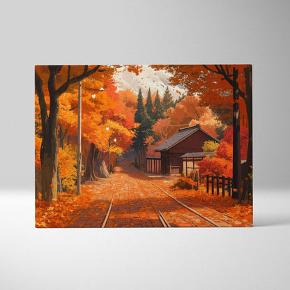 Dreamlike Autumn Lane Pathway canvas print with warm fall foliage on tracks