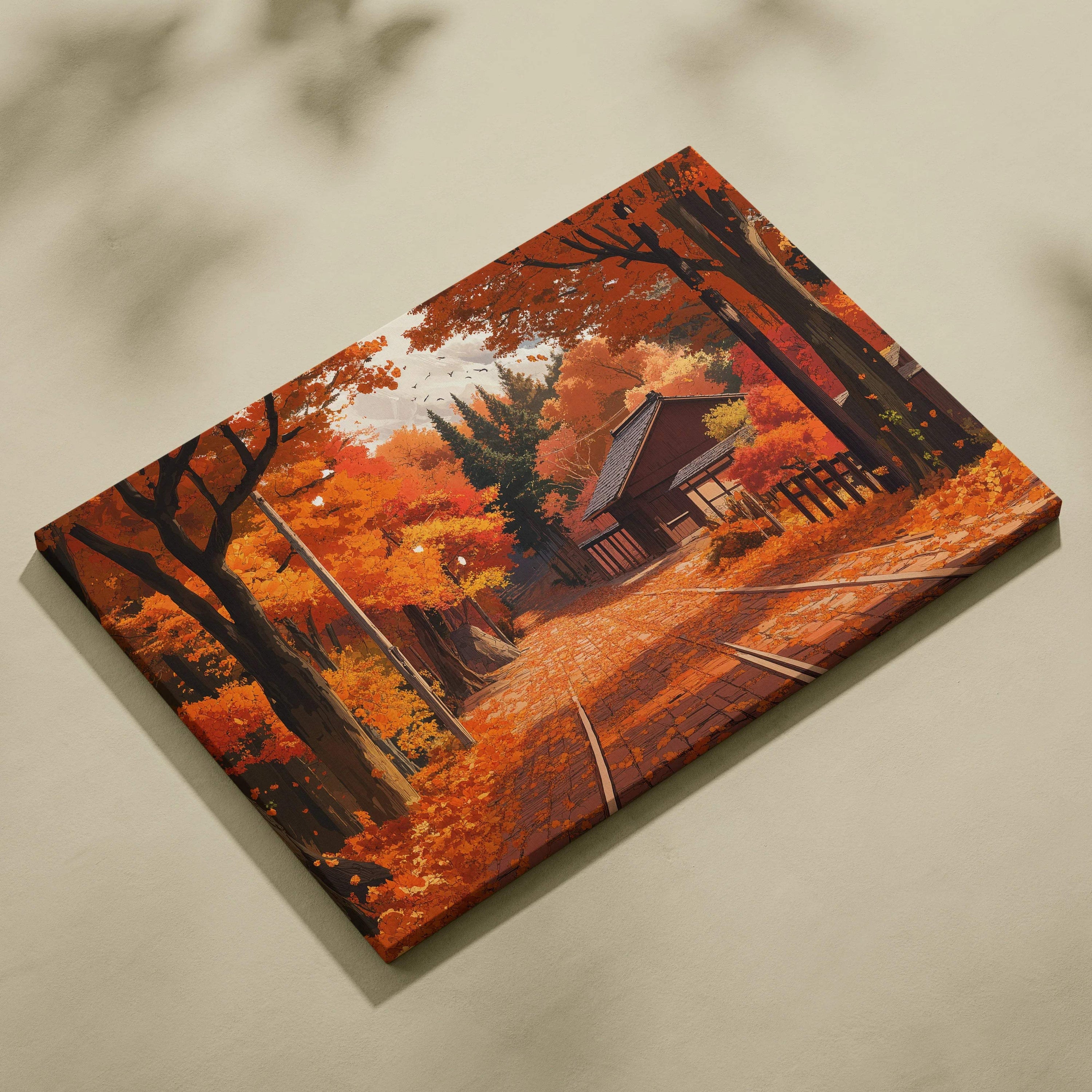 Dreamlike Autumn Lane Pathway canvas print with warm fiery foliage