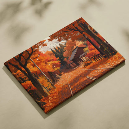 Dreamlike Autumn Lane Pathway canvas print with warm fiery foliage
