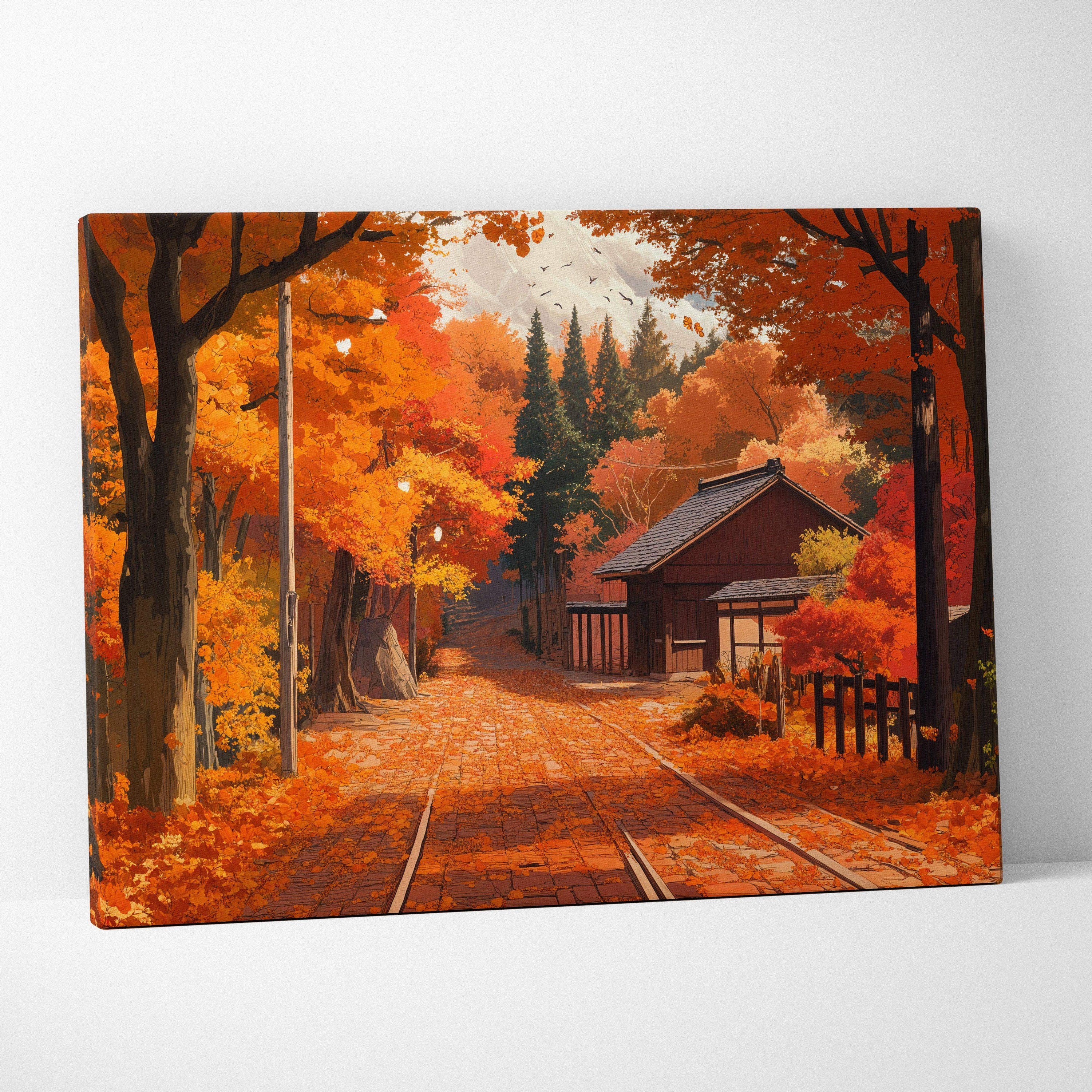 Dreamlike Autumn Lane canvas print with warm orange foliage and cozy house