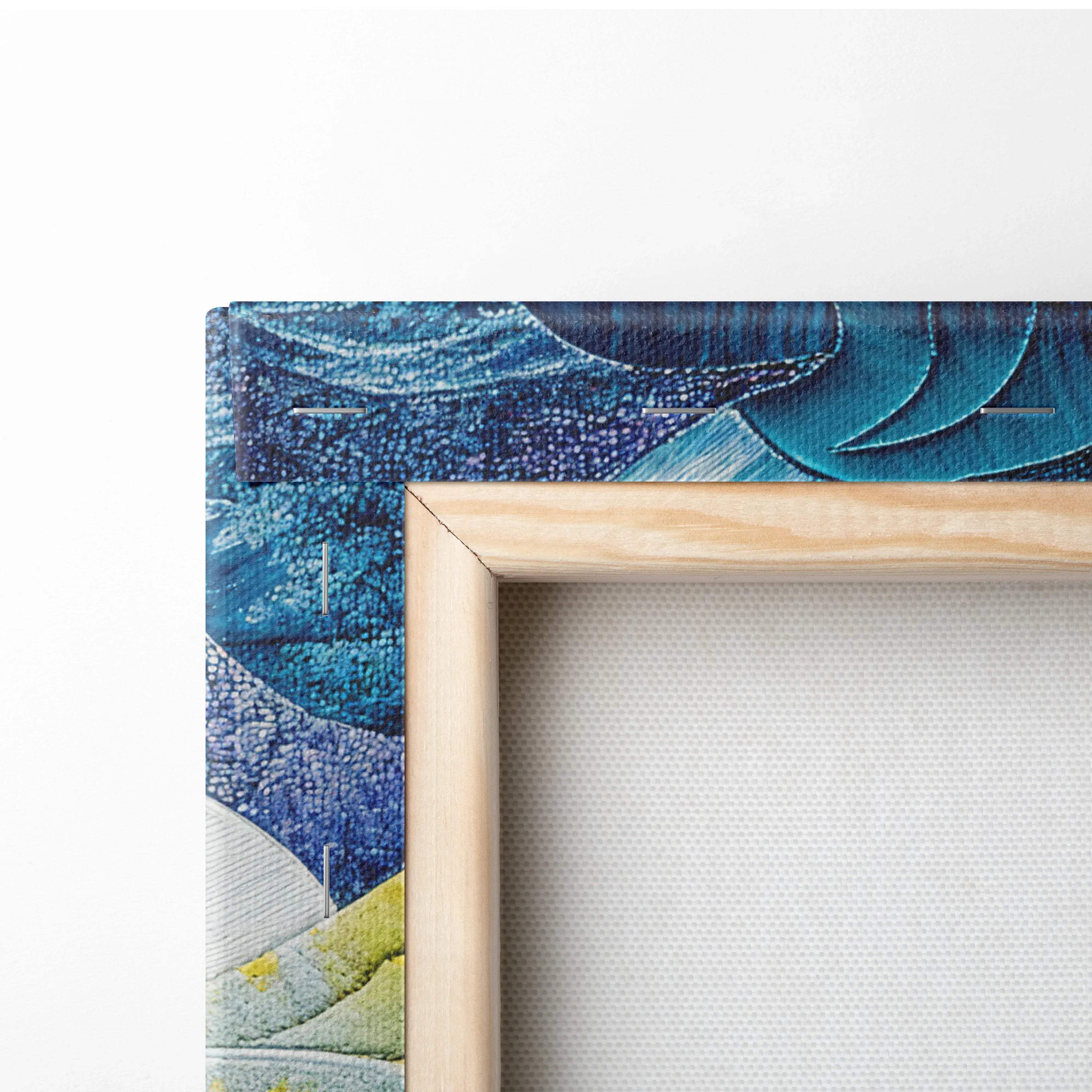 Quilted sun and serene blue face canvas wall art in wooden frame