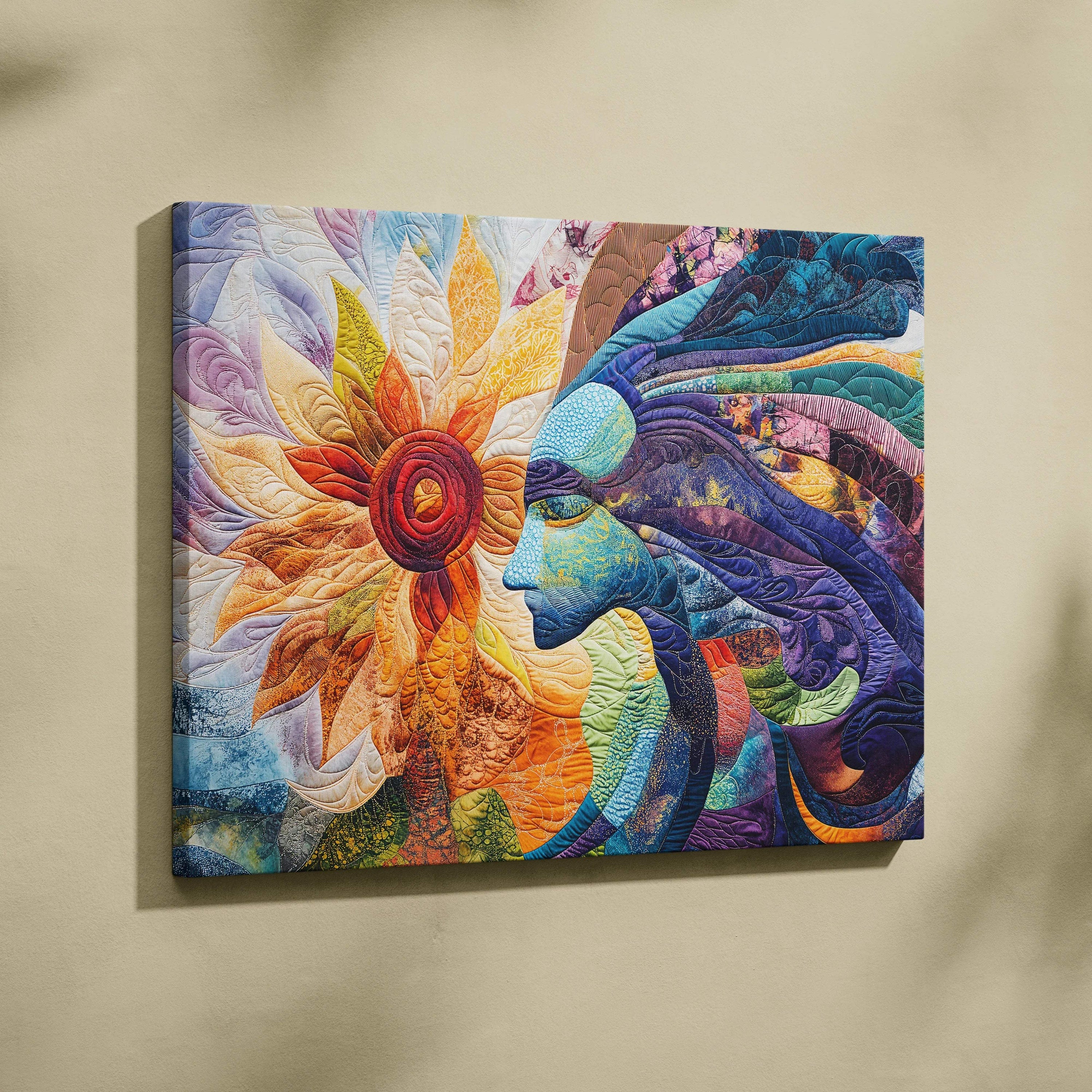 Vibrant quilted Sun and Serene Blue Face canvas wall art by Throttle Designs