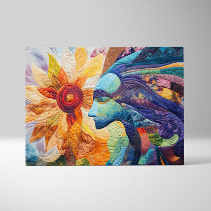 Quilted sun and serene blue face canvas wall art by Throttle Designs