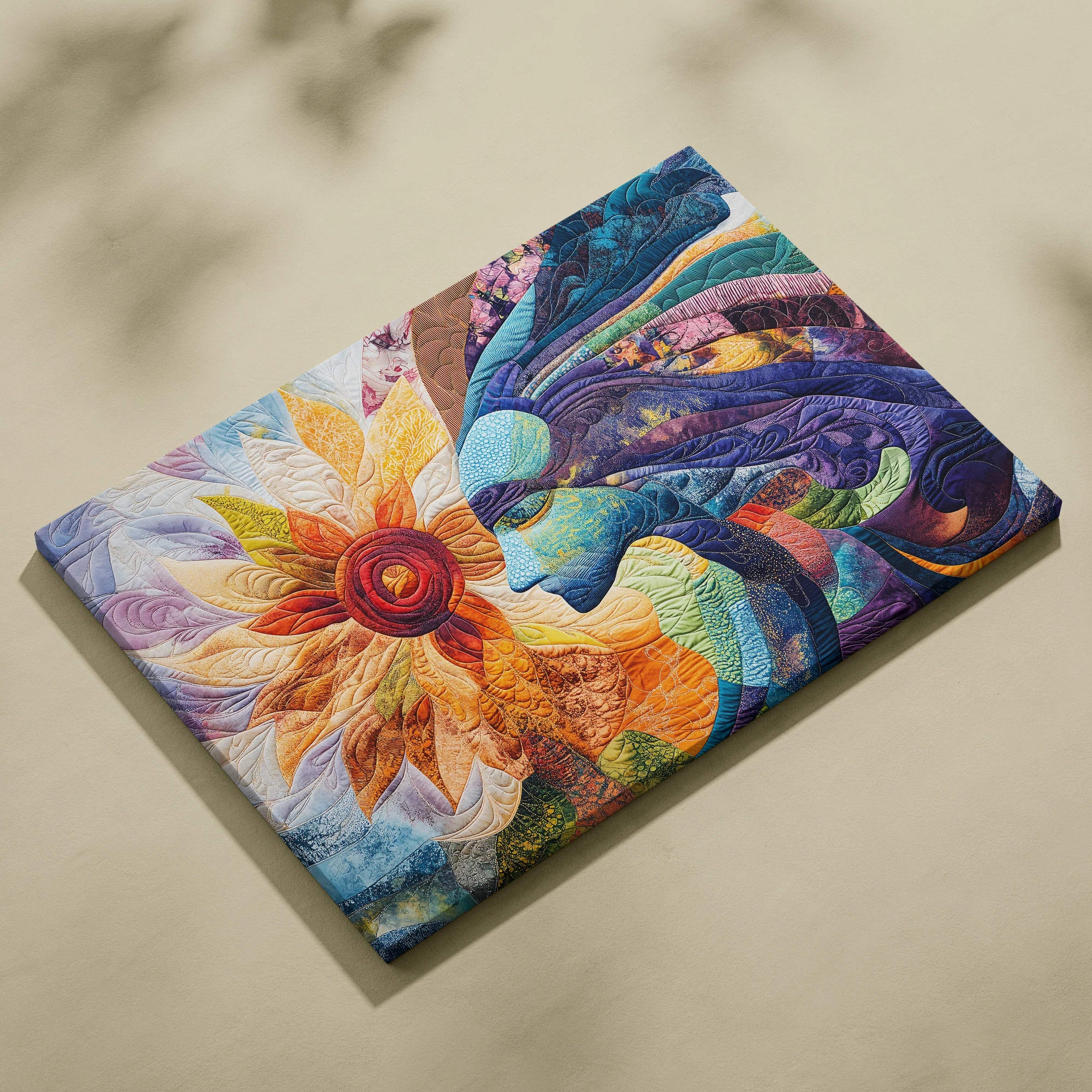 Quilted sun and serene blue face canvas wall art by Throttle Designs