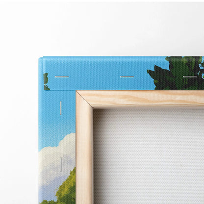Light wood frame with blue canvas border of sunlit golden wheat fields serene sky art