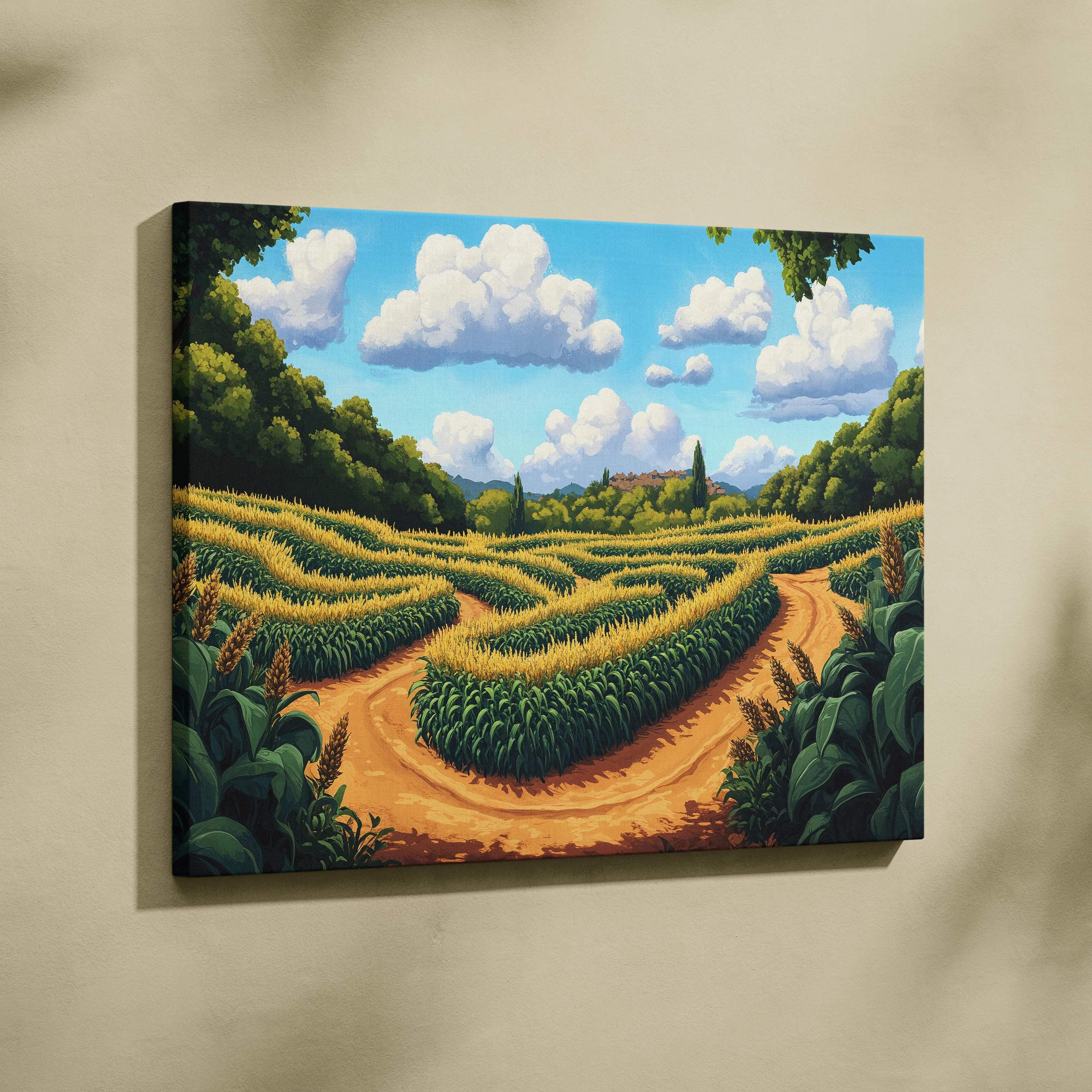Visionary Landscape sunlit golden wheat fields with winding paths serene sky canvas art