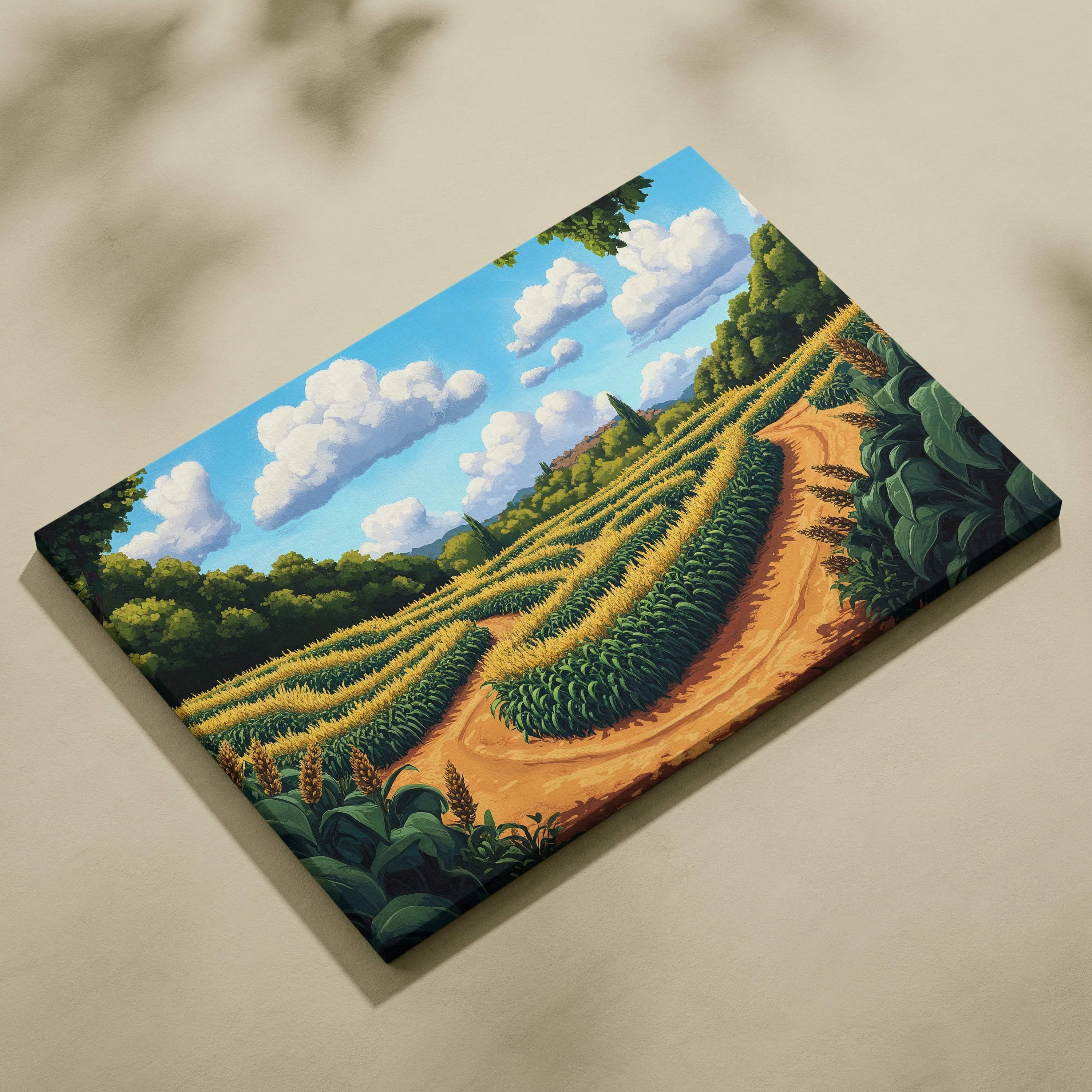 Visionary Landscape sunlit golden wheat fields with winding paths serene sky canvas art