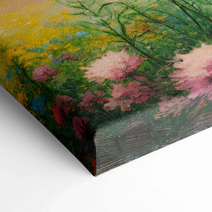 Sunlit Meadow canvas art with pink blossoms, green foliage, wildflowers, clouds