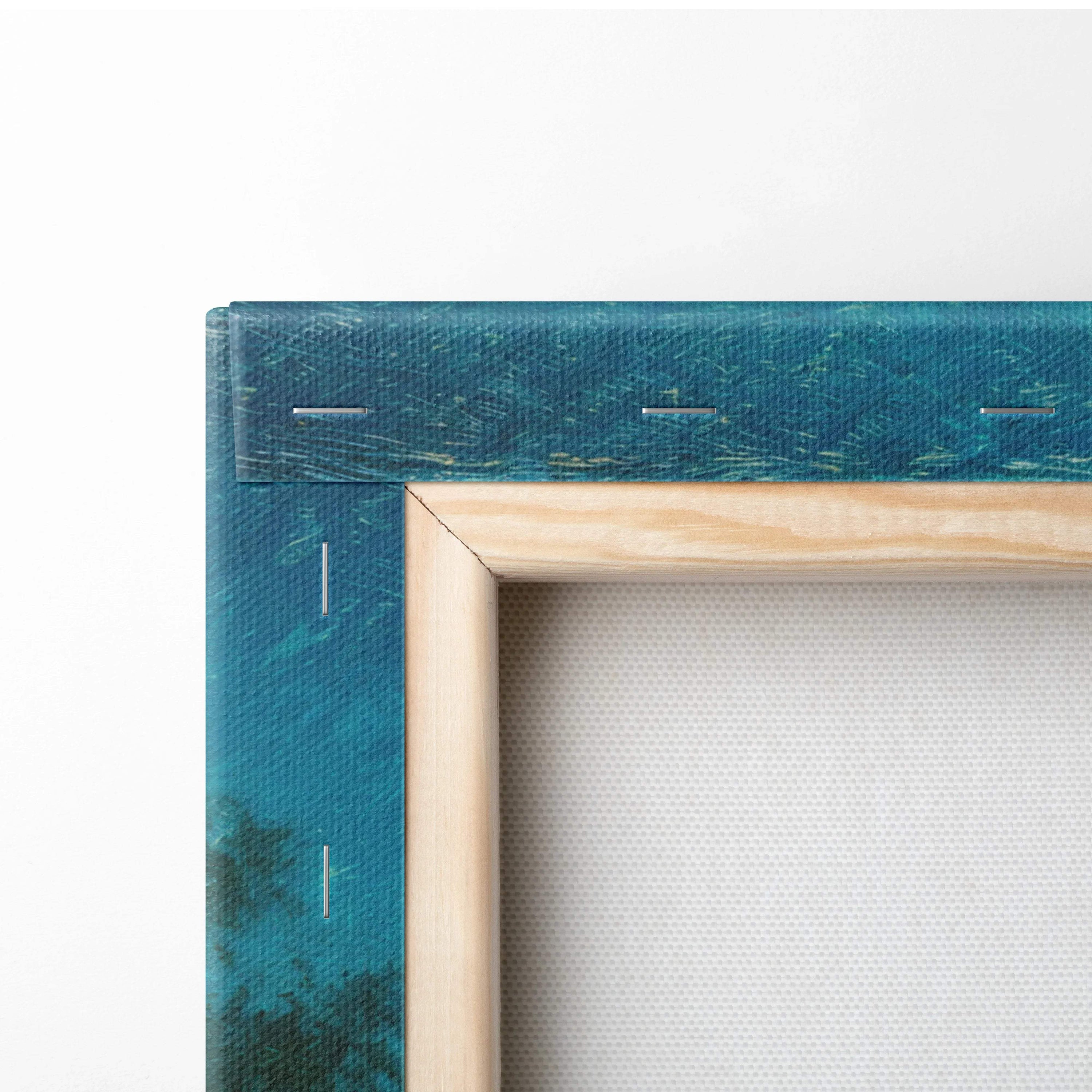 Teal sunlit meadow by winding river with wildflowers canvas in light wood frame