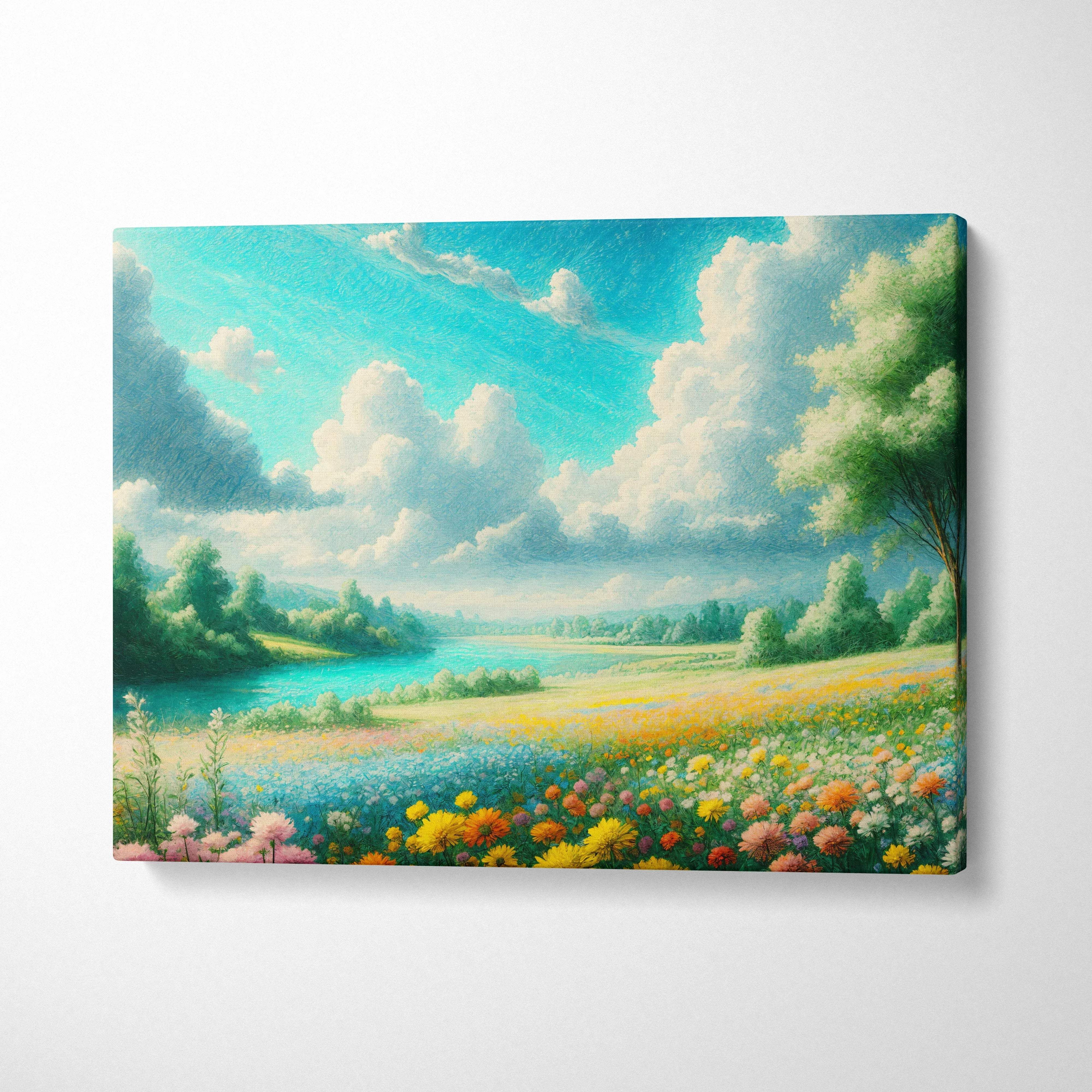 Sunlit Meadow by Winding River with Wildflowers Under Towering Clouds canvas art
