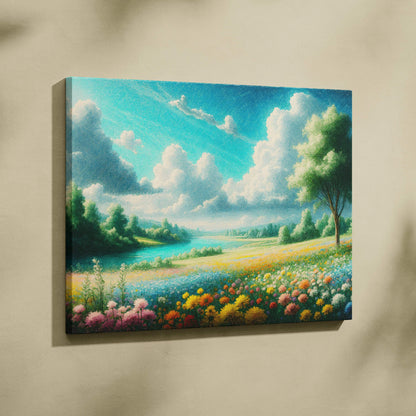 Sunlit meadow by winding river with wildflowers under towering clouds canvas art